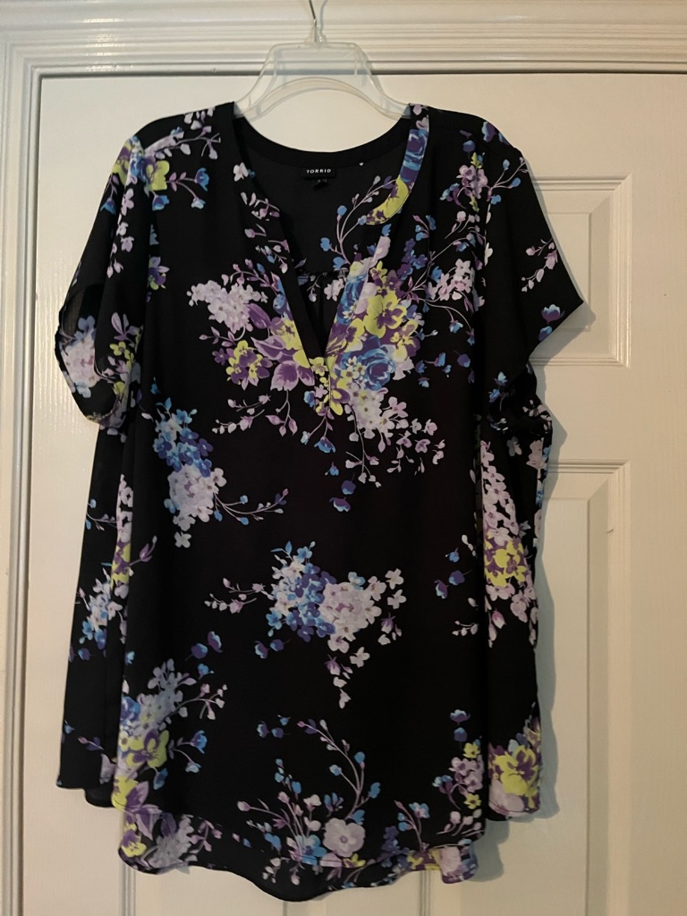 torrid Black Floral V-Neck Blouse with Purple, Blue & Yellow Accents